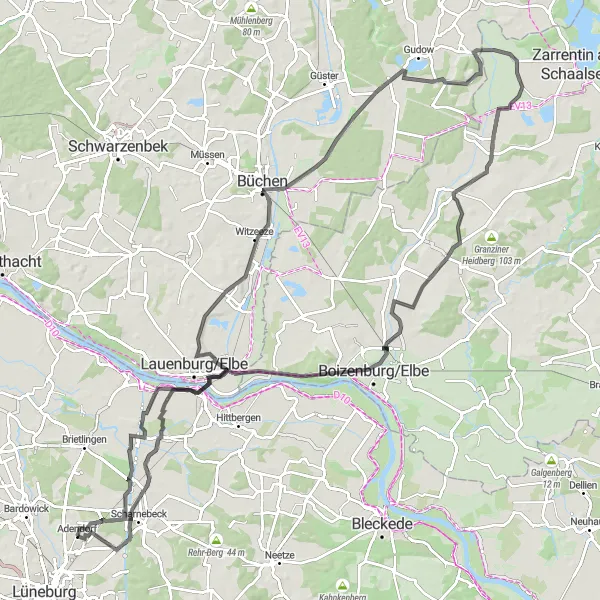 Karten-Miniaturansicht der Radinspiration "Elbufer-Rundtour ab Adendorf" in Lüneburg, Germany. Erstellt vom Tarmacs.app-Routenplaner für Radtouren