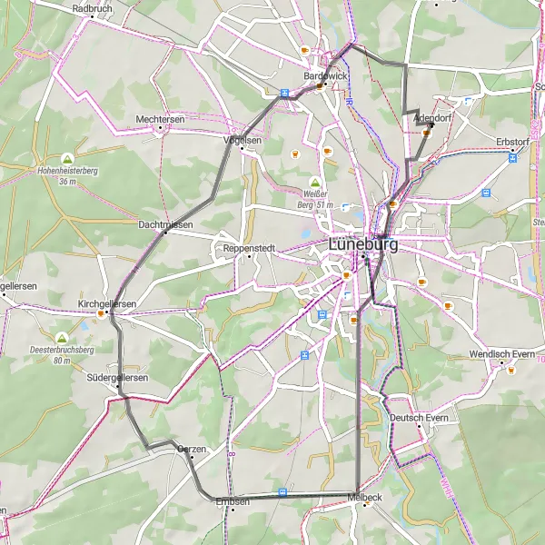 Karten-Miniaturansicht der Radinspiration "Hügellandtour um Adendorf" in Lüneburg, Germany. Erstellt vom Tarmacs.app-Routenplaner für Radtouren