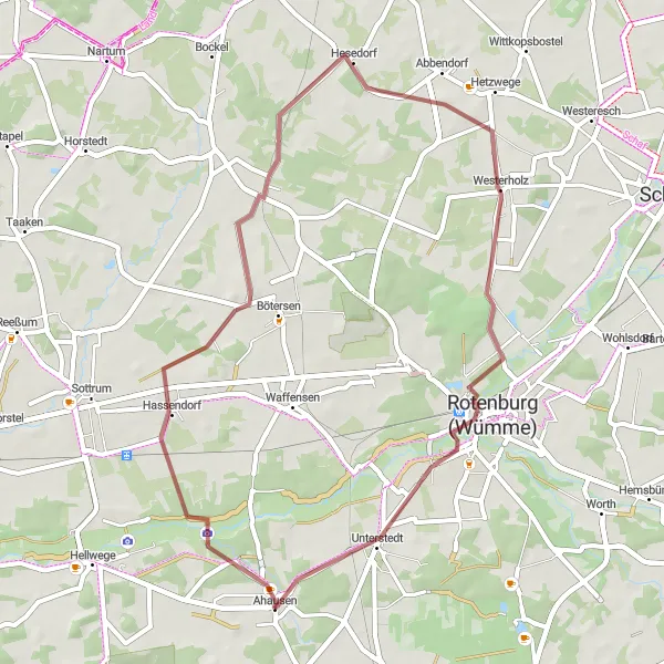 Map miniature of "Hassendorfer Wehr and Rotenburg (Wümme) Gravel Route" cycling inspiration in Lüneburg, Germany. Generated by Tarmacs.app cycling route planner