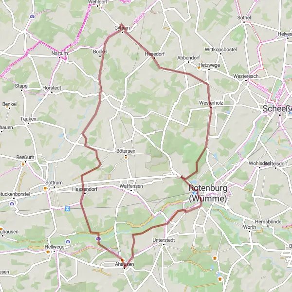 Map miniature of "Gravel Adventure to Gyhum" cycling inspiration in Lüneburg, Germany. Generated by Tarmacs.app cycling route planner