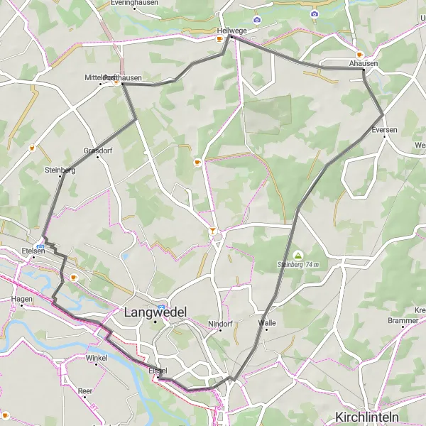 Map miniature of "Aussen to Eissel - Road Cycling Route" cycling inspiration in Lüneburg, Germany. Generated by Tarmacs.app cycling route planner