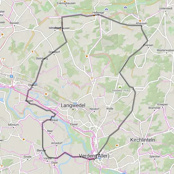 Map miniature of "Uhlemühlen and Posthausen Road Route" cycling inspiration in Lüneburg, Germany. Generated by Tarmacs.app cycling route planner