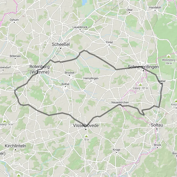 Karten-Miniaturansicht der Radinspiration "Bergige Landschaften um Wolterdingen" in Lüneburg, Germany. Erstellt vom Tarmacs.app-Routenplaner für Radtouren