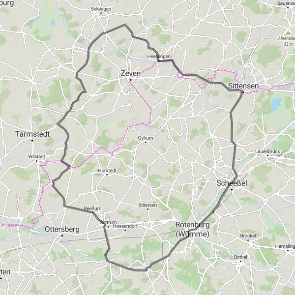 Map miniature of "Hellwege and Rotenburg (Wümme) Road Route" cycling inspiration in Lüneburg, Germany. Generated by Tarmacs.app cycling route planner