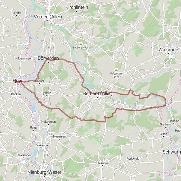 Map miniature of "Ahlden – Schloss Ahlden Gravel Adventure" cycling inspiration in Lüneburg, Germany. Generated by Tarmacs.app cycling route planner