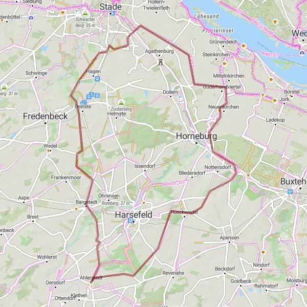 Map miniature of "Ahlerstedt - Bargstedt - Deinste - Guderhandviertel - Grundoldendorf - Griemshorst Loop" cycling inspiration in Lüneburg, Germany. Generated by Tarmacs.app cycling route planner