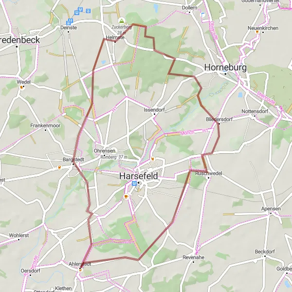 Map miniature of "Ahlerstedt - Bargstedt - Zuckerburg - Bliedersdorf - Ahrensmoor Nord Loop" cycling inspiration in Lüneburg, Germany. Generated by Tarmacs.app cycling route planner
