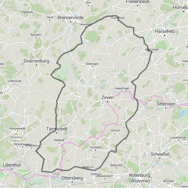 Map miniature of "Ahlerstedt - Schleeßel - Fischerhude - Hepstedt - Sandbostel - Kutenholz - Kakerbeck Loop" cycling inspiration in Lüneburg, Germany. Generated by Tarmacs.app cycling route planner