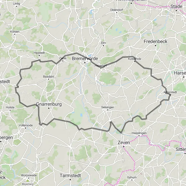 Map miniature of "Ahlerstedt - Ottendorf - Rhade - Kirchwistedt - Oerel - Kutenholz - Doosthof Loop" cycling inspiration in Lüneburg, Germany. Generated by Tarmacs.app cycling route planner