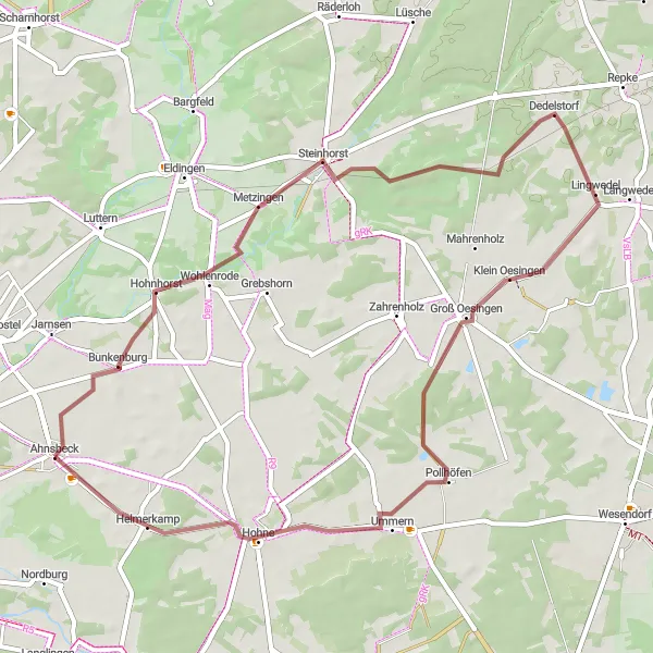 Map miniature of "Ahnsbeck Gravel Loop" cycling inspiration in Lüneburg, Germany. Generated by Tarmacs.app cycling route planner