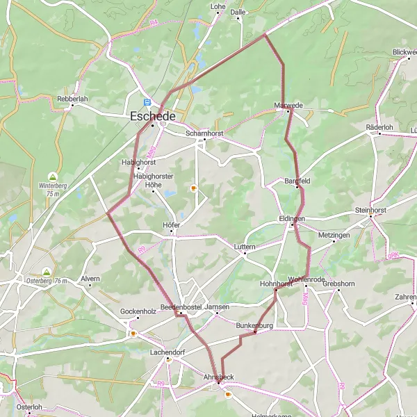 Karten-Miniaturansicht der Radinspiration "Geheimnisvolle Orte bei Ahnsbeck" in Lüneburg, Germany. Erstellt vom Tarmacs.app-Routenplaner für Radtouren