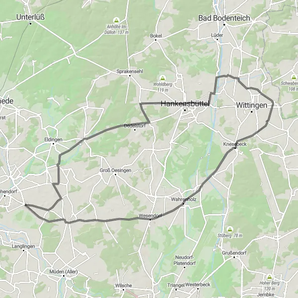 Map miniature of "Steinhorst Discovery Ride" cycling inspiration in Lüneburg, Germany. Generated by Tarmacs.app cycling route planner
