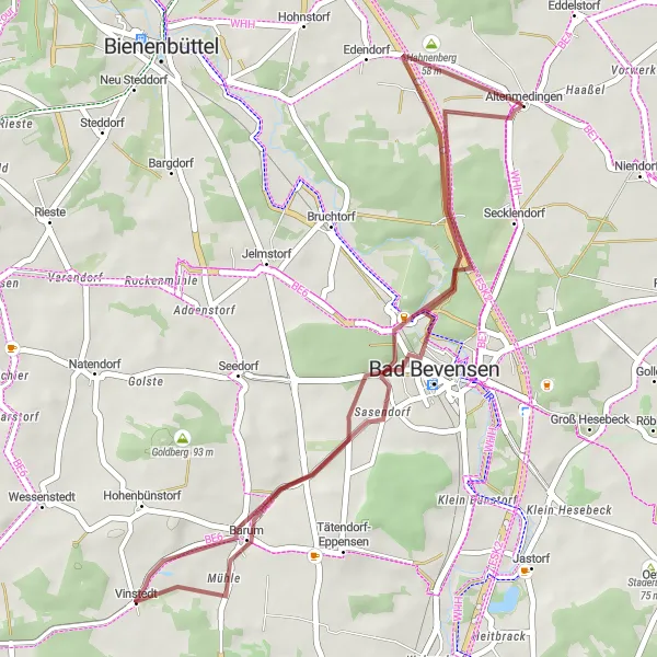 Map miniature of "Medingen and Bad Bevensen Gravel Ride" cycling inspiration in Lüneburg, Germany. Generated by Tarmacs.app cycling route planner