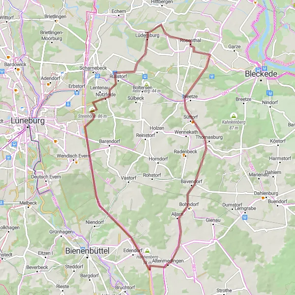 Map miniature of "Hahnenberg and Neetze Gravel Ride" cycling inspiration in Lüneburg, Germany. Generated by Tarmacs.app cycling route planner