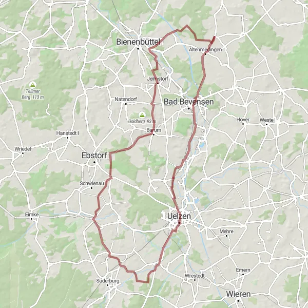 Karten-Miniaturansicht der Radinspiration "Herausfordernde Tour nach Uelzen" in Lüneburg, Germany. Erstellt vom Tarmacs.app-Routenplaner für Radtouren