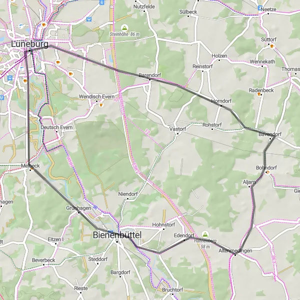 Map miniature of "Lüneburg and Barendorf Road Ride" cycling inspiration in Lüneburg, Germany. Generated by Tarmacs.app cycling route planner