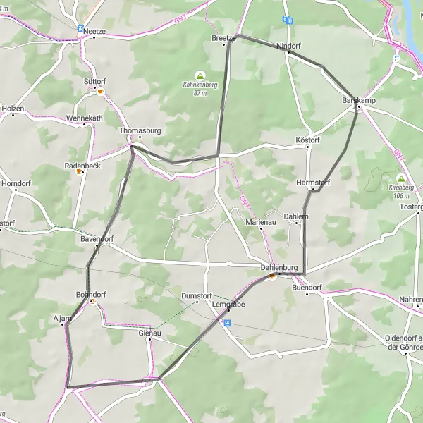 Karten-Miniaturansicht der Radinspiration "Dahlenburg und Bostelwiebeck Kurztour" in Lüneburg, Germany. Erstellt vom Tarmacs.app-Routenplaner für Radtouren