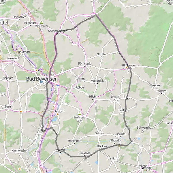 Map miniature of "Altenmedingen to Bad Bevensen Road Route" cycling inspiration in Lüneburg, Germany. Generated by Tarmacs.app cycling route planner