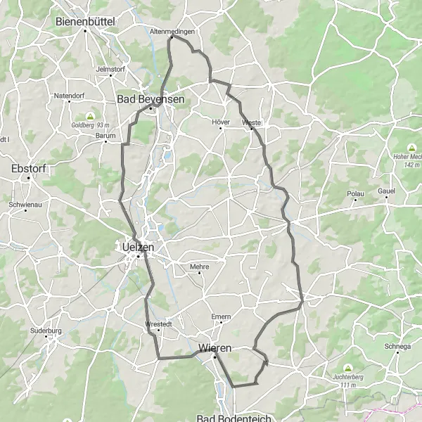 Map miniature of "Altenmedingen to Uelzen Road Route" cycling inspiration in Lüneburg, Germany. Generated by Tarmacs.app cycling route planner