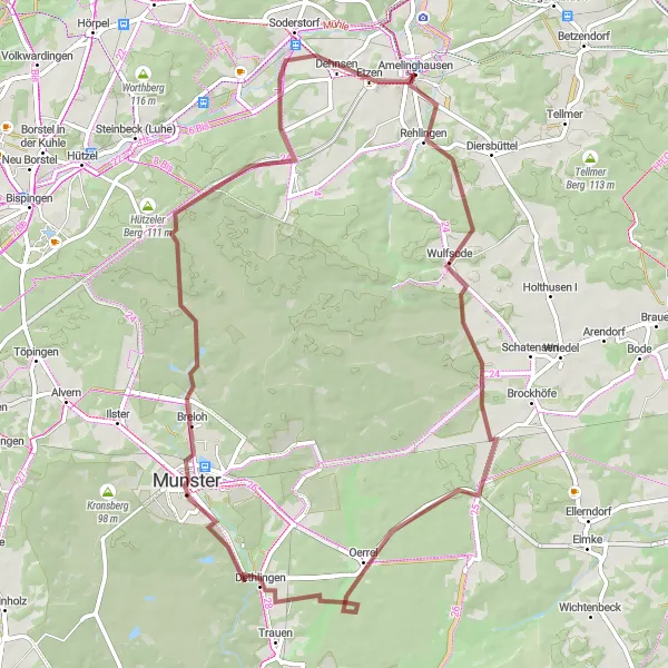 Map miniature of "Amelinghausen Gravel Adventure" cycling inspiration in Lüneburg, Germany. Generated by Tarmacs.app cycling route planner