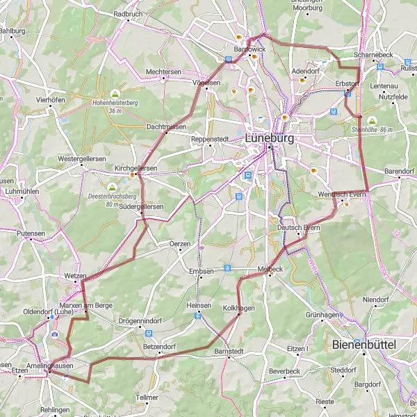 Map miniature of "Off The Beaten Path" cycling inspiration in Lüneburg, Germany. Generated by Tarmacs.app cycling route planner