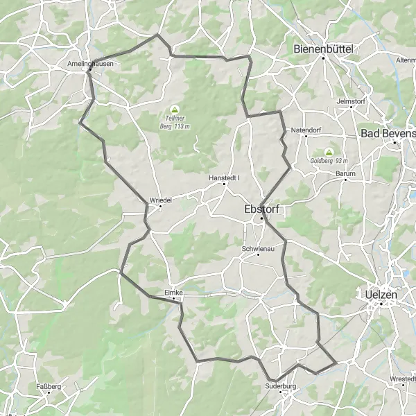 Karten-Miniaturansicht der Radinspiration "Brünsberg-Barnstedt-Ebstorf-Suderburg-Eimke Route" in Lüneburg, Germany. Erstellt vom Tarmacs.app-Routenplaner für Radtouren