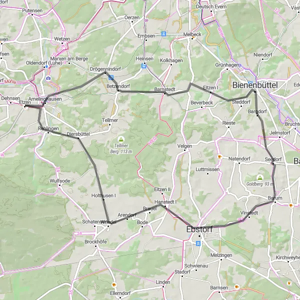 Karten-Miniaturansicht der Radinspiration "Barnstedt und Bienenbüttel Straßenroute" in Lüneburg, Germany. Erstellt vom Tarmacs.app-Routenplaner für Radtouren