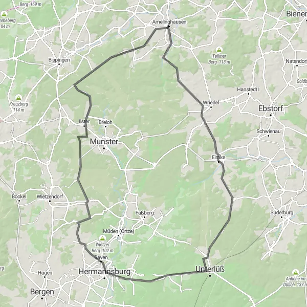 Karten-Miniaturansicht der Radinspiration "Hermannsburg und Hützeler Berg Rundkurs" in Lüneburg, Germany. Erstellt vom Tarmacs.app-Routenplaner für Radtouren
