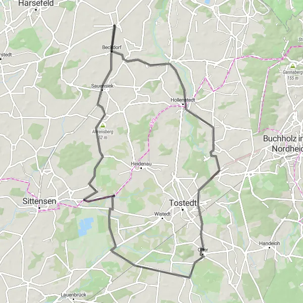 Karten-Miniaturansicht der Radinspiration "Erkunde die Umgebung von Apensen" in Lüneburg, Germany. Erstellt vom Tarmacs.app-Routenplaner für Radtouren