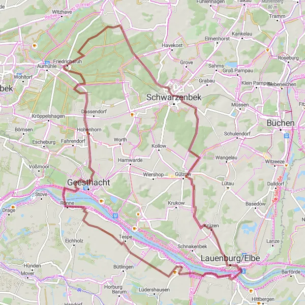 Map miniature of "Gravel Adventure" cycling inspiration in Lüneburg, Germany. Generated by Tarmacs.app cycling route planner