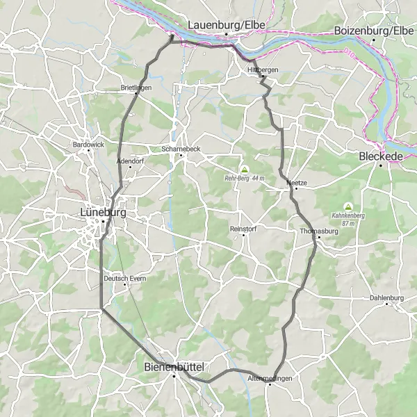 Map miniature of "Idyllic Villages and History" cycling inspiration in Lüneburg, Germany. Generated by Tarmacs.app cycling route planner