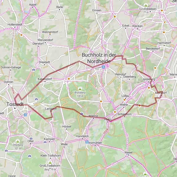 Karten-Miniaturansicht der Radinspiration "Geschichtsträchtige Gravelroute um Asendorf" in Lüneburg, Germany. Erstellt vom Tarmacs.app-Routenplaner für Radtouren