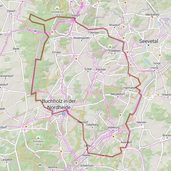 Map miniature of "Hills and Forests Gravel Loop" cycling inspiration in Lüneburg, Germany. Generated by Tarmacs.app cycling route planner