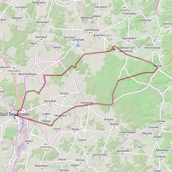 Map miniature of "Göhrde - Himbergen - Bad Bevensen Loop" cycling inspiration in Lüneburg, Germany. Generated by Tarmacs.app cycling route planner