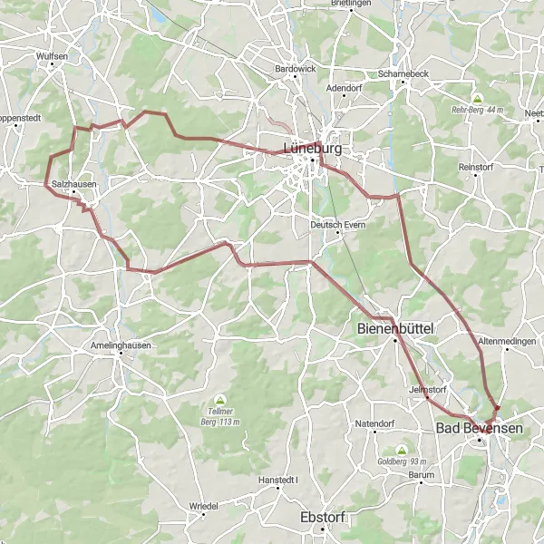 Map miniature of "Bienenbüttel - Melbeck - Salzhausen - Dönnsenberg - Reppenstedt - Wendisch Evern - Hahnenberg - Barfußpfad Loop" cycling inspiration in Lüneburg, Germany. Generated by Tarmacs.app cycling route planner