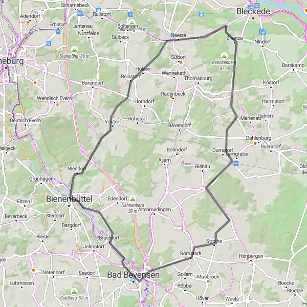 Map miniature of "Bienenbüttel - Reinstorf - Neetze - Römstedt Loop" cycling inspiration in Lüneburg, Germany. Generated by Tarmacs.app cycling route planner