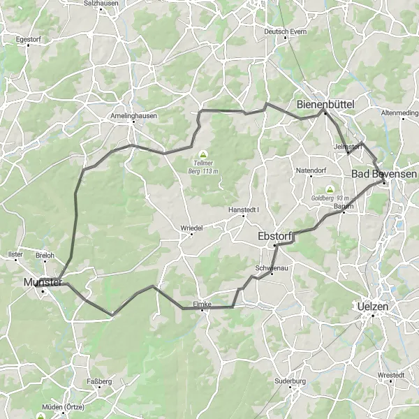 Map miniature of "Road Cycling Adventure to Bienenbüttel" cycling inspiration in Lüneburg, Germany. Generated by Tarmacs.app cycling route planner