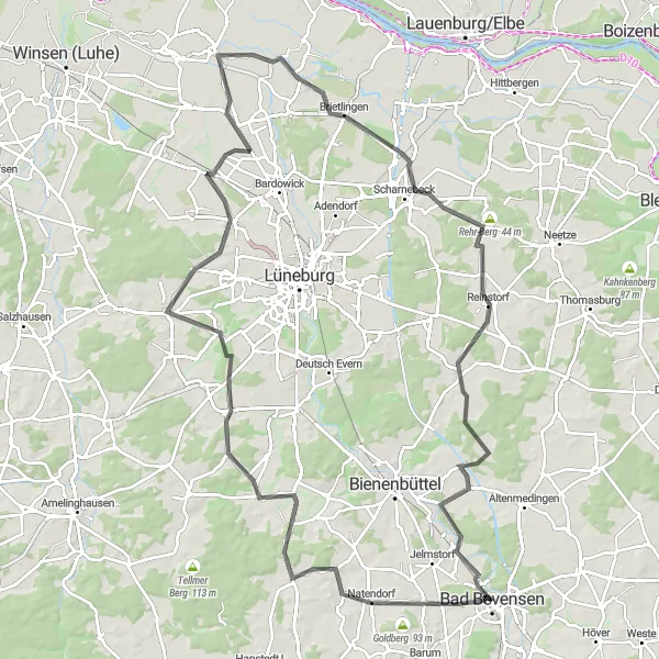 Map miniature of "Road Cycling Challenge to Vastorf" cycling inspiration in Lüneburg, Germany. Generated by Tarmacs.app cycling route planner