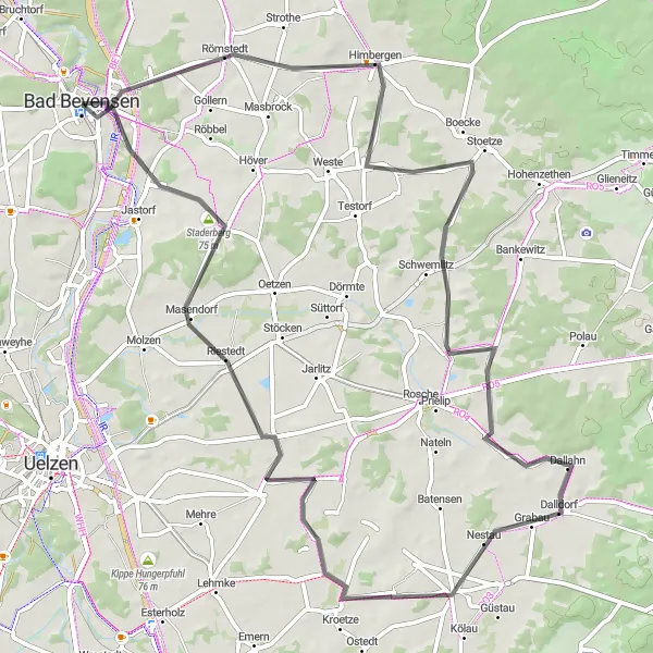 Map miniature of "Himbergen - Stoetze - Suhlendorf - Riestedt - Staderberg - Bad Bevensen Loop" cycling inspiration in Lüneburg, Germany. Generated by Tarmacs.app cycling route planner