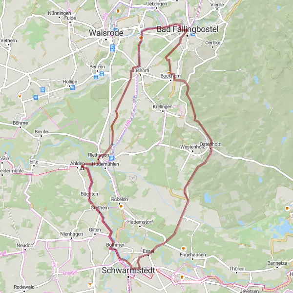 Map miniature of "Gravel Route connecting Ostenholz and Honerdingen" cycling inspiration in Lüneburg, Germany. Generated by Tarmacs.app cycling route planner