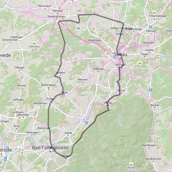 Map miniature of "Hohen Berg to Oerbke Road Cycling Route" cycling inspiration in Lüneburg, Germany. Generated by Tarmacs.app cycling route planner