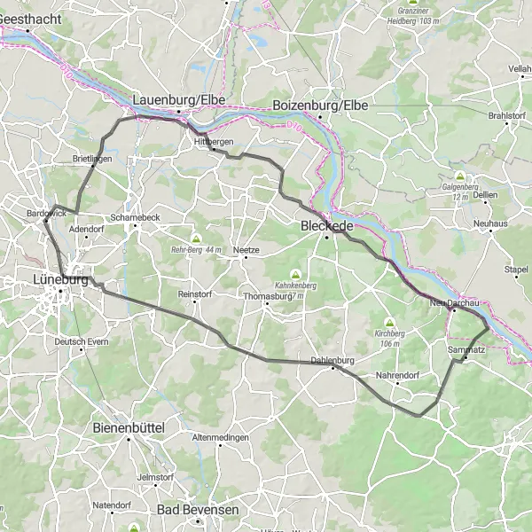 Map miniature of "Elbe Valley Circuit" cycling inspiration in Lüneburg, Germany. Generated by Tarmacs.app cycling route planner