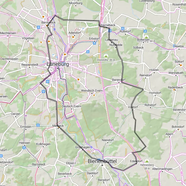 Karten-Miniaturansicht der Radinspiration "Road Trip nach Melbeck und Kalkberg" in Lüneburg, Germany. Erstellt vom Tarmacs.app-Routenplaner für Radtouren