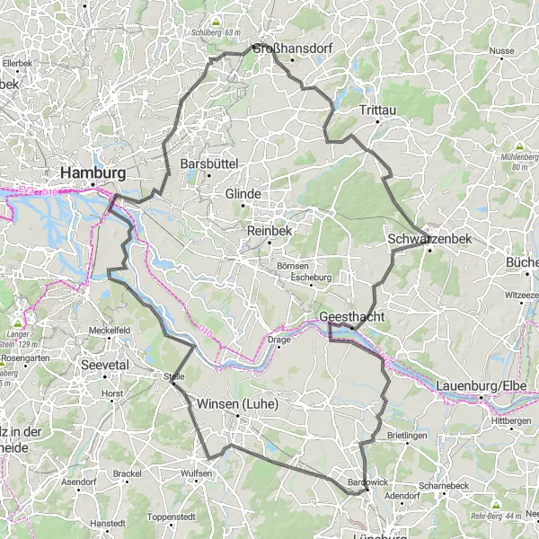 Karten-Miniaturansicht der Radinspiration "Ehrfurchtgebietende Road-Runde von Stelle nach Wittorf" in Lüneburg, Germany. Erstellt vom Tarmacs.app-Routenplaner für Radtouren