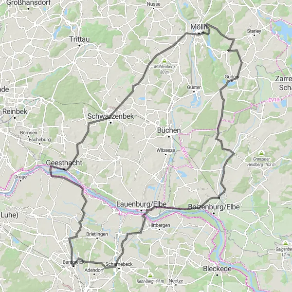 Map miniature of "The Elbe Loop" cycling inspiration in Lüneburg, Germany. Generated by Tarmacs.app cycling route planner