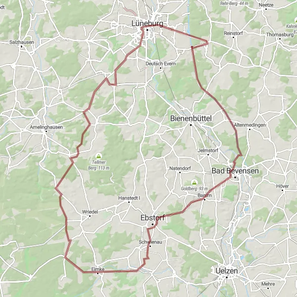 Map miniature of "Through the Villages and Hills" cycling inspiration in Lüneburg, Germany. Generated by Tarmacs.app cycling route planner