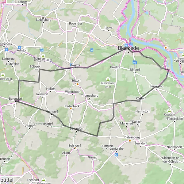 Karten-Miniaturansicht der Radinspiration "Kurze Rundtour von Barendorf nach Bleckede" in Lüneburg, Germany. Erstellt vom Tarmacs.app-Routenplaner für Radtouren