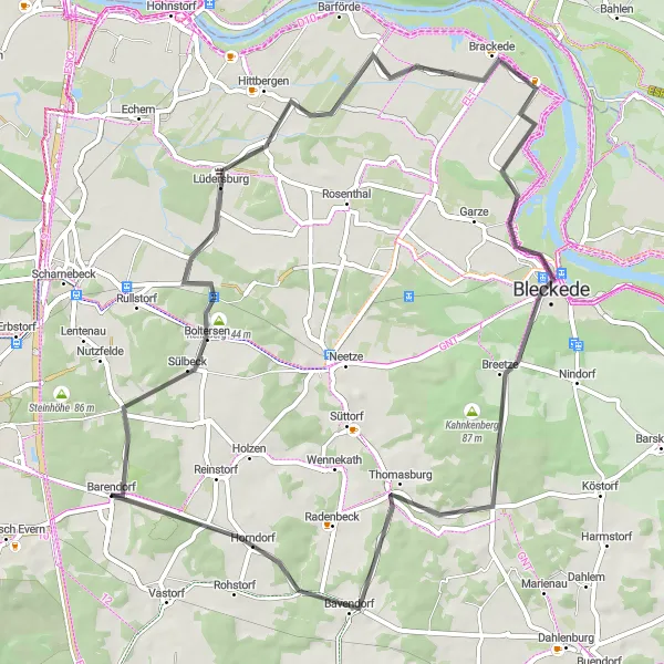 Map miniature of "Lüdersburg and Bleckede Loop" cycling inspiration in Lüneburg, Germany. Generated by Tarmacs.app cycling route planner