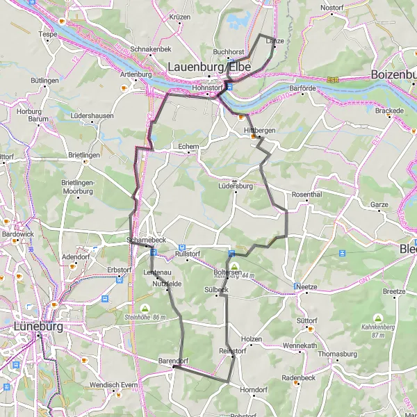Map miniature of "Scharnebeck and Hohnstorf Loop" cycling inspiration in Lüneburg, Germany. Generated by Tarmacs.app cycling route planner