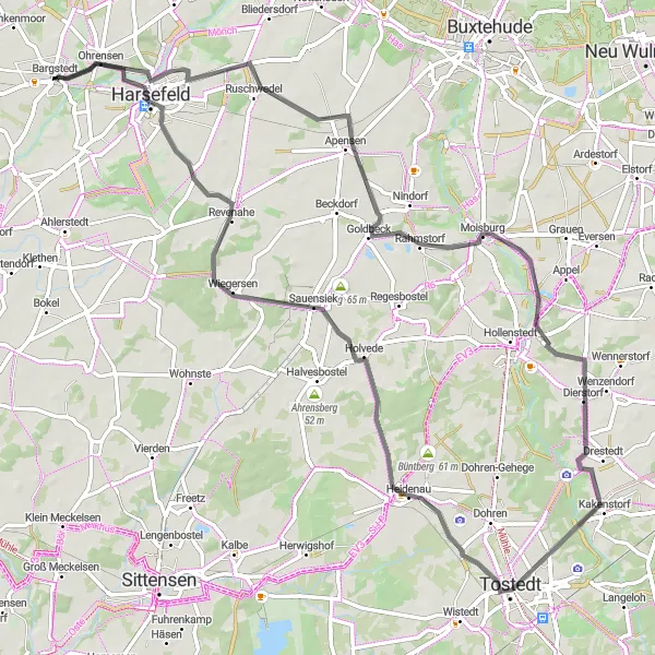 Map miniature of "Bargstedt - Romberg - Apensen - Hexen-Berg - Sauensiek - Harsefeld" cycling inspiration in Lüneburg, Germany. Generated by Tarmacs.app cycling route planner
